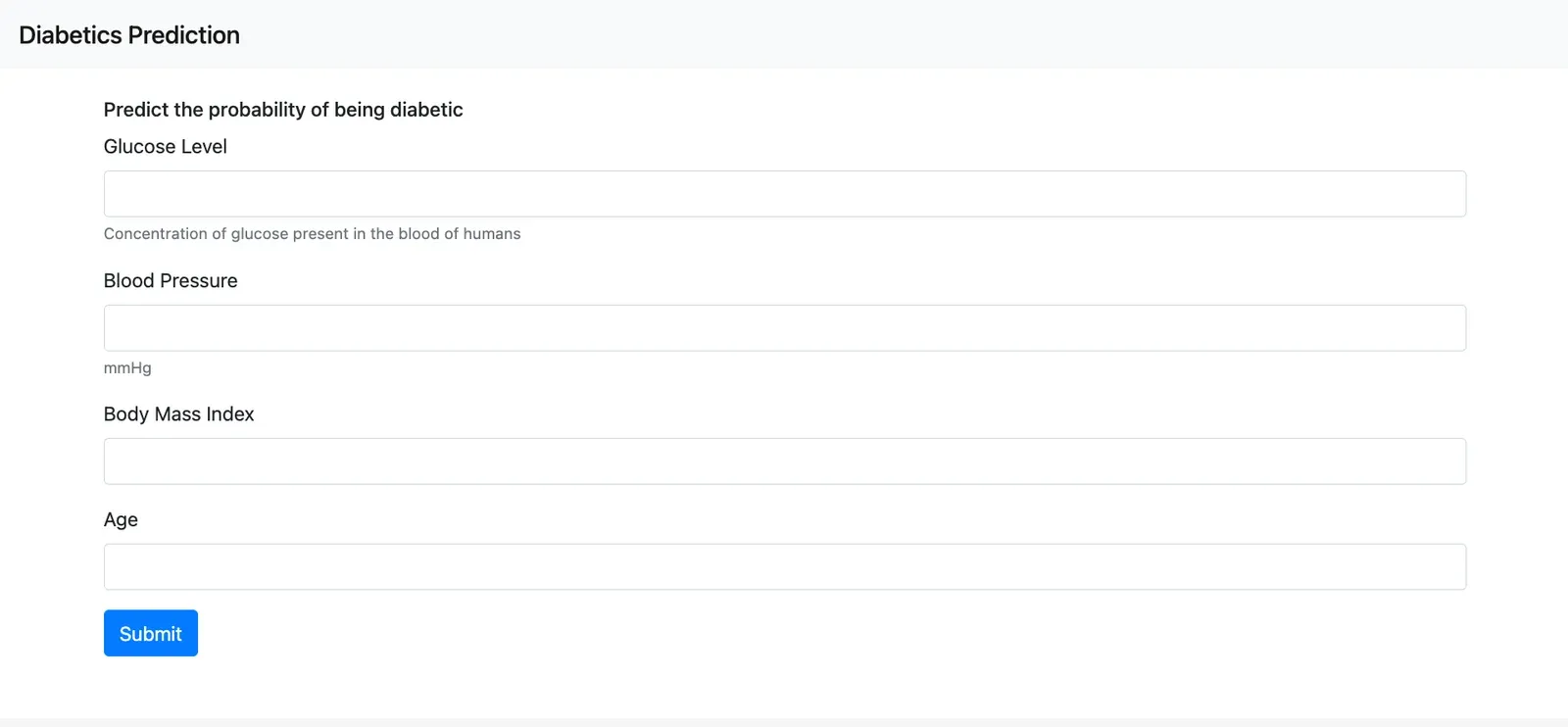 Diabetes Prediction form with fields for glucose level, blood pressure, body mass index, and age.