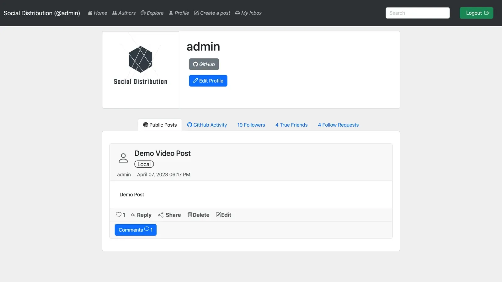 Social Distribution profile page showing an admin user and a demo post.