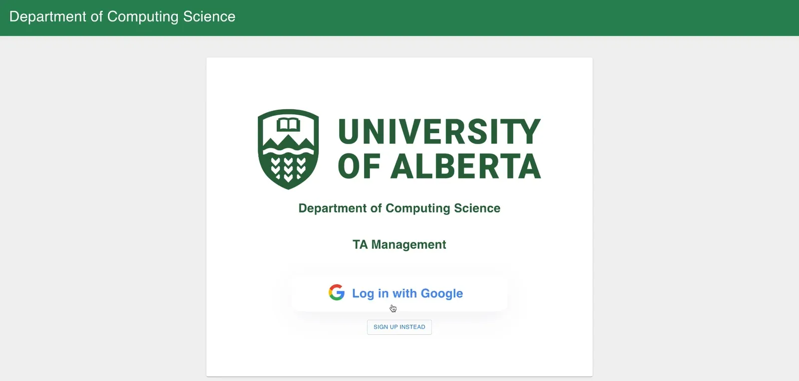 TA Management sign-in page for the University of Alberta Department of Computing Science.
